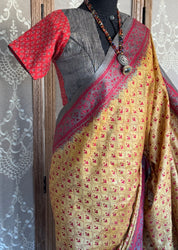 Pure Tussar Silk Kantha Stitch -  Yellow Red Grey