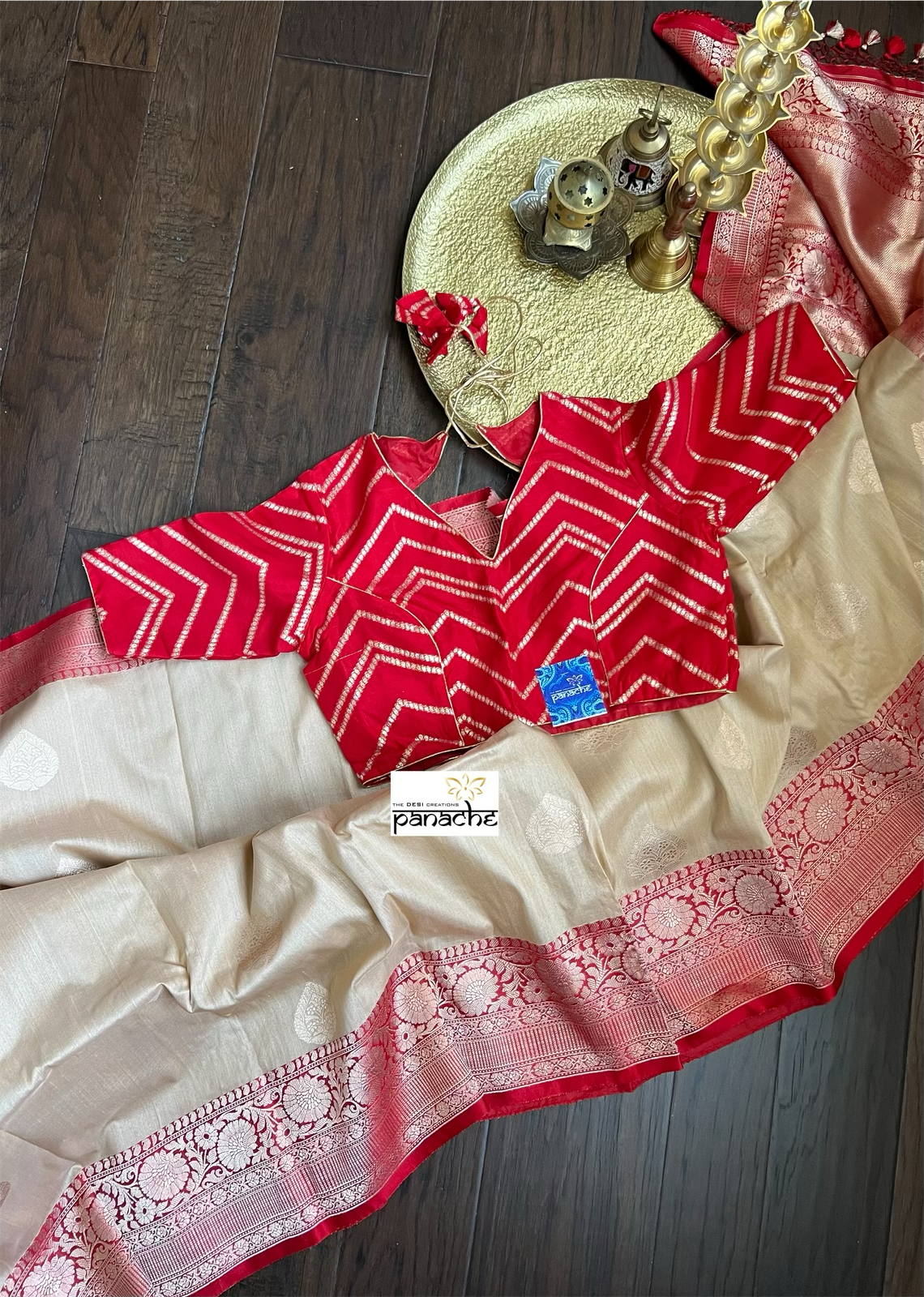 Tussar Silk Banarasi - Tan Beige Red