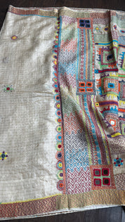Pure Tussar Silk Lambani - Beige Zari Checks Hand Embroidered