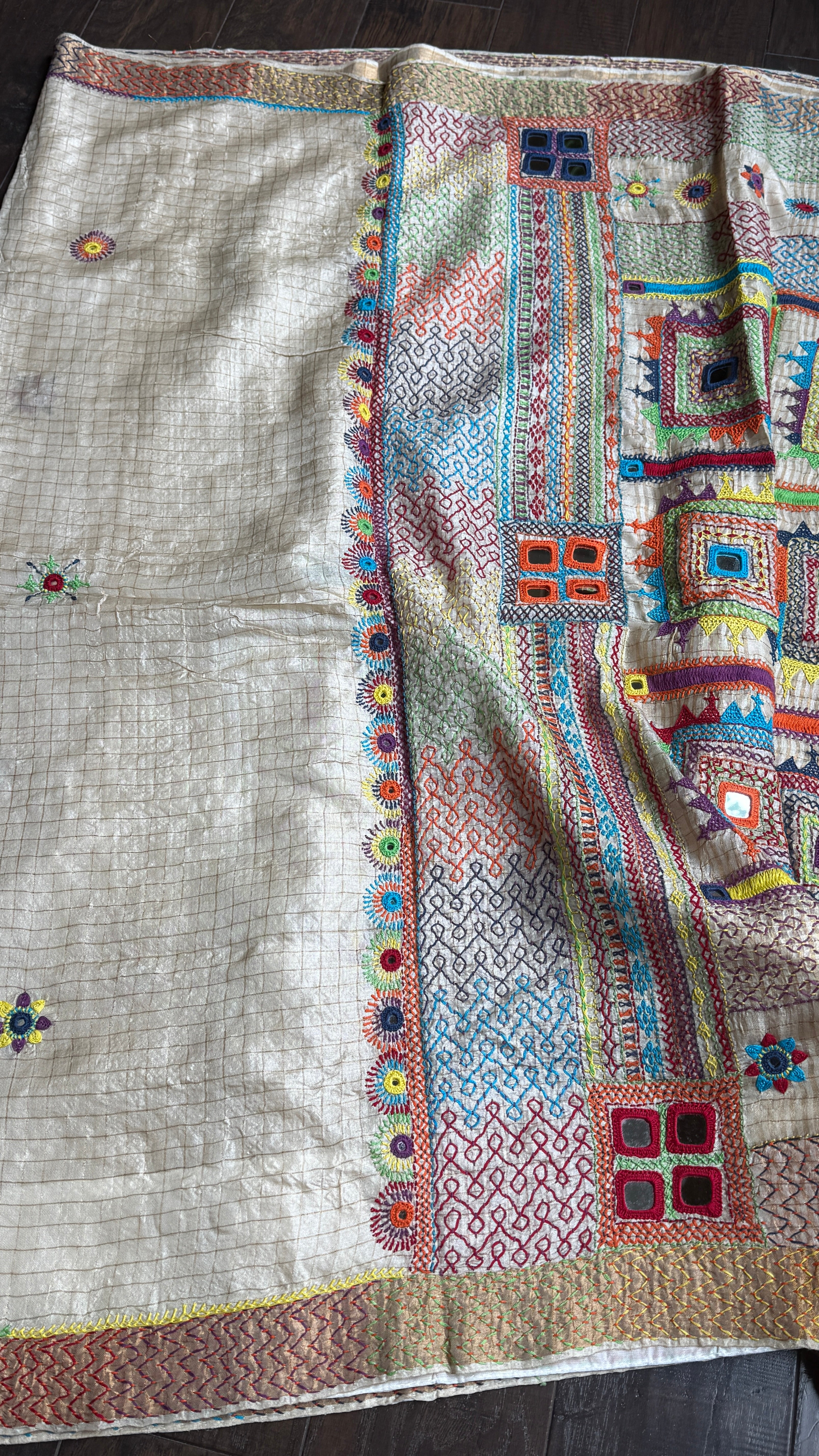 Pure Tussar Silk Lambani - Beige Zari Checks Hand Embroidered