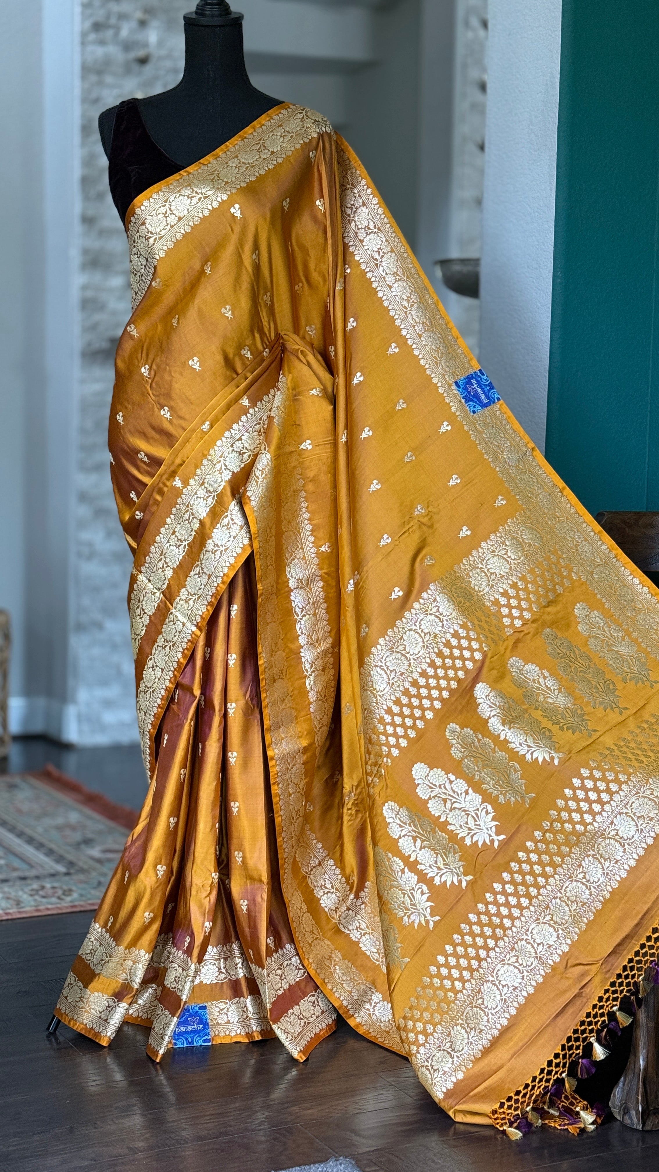 Pure Silk Mashru Banaras i- Golden Ochre Yellow