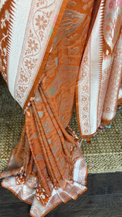 Khaddi Georgette Banarasi - Light Orange Hand Brush Painted