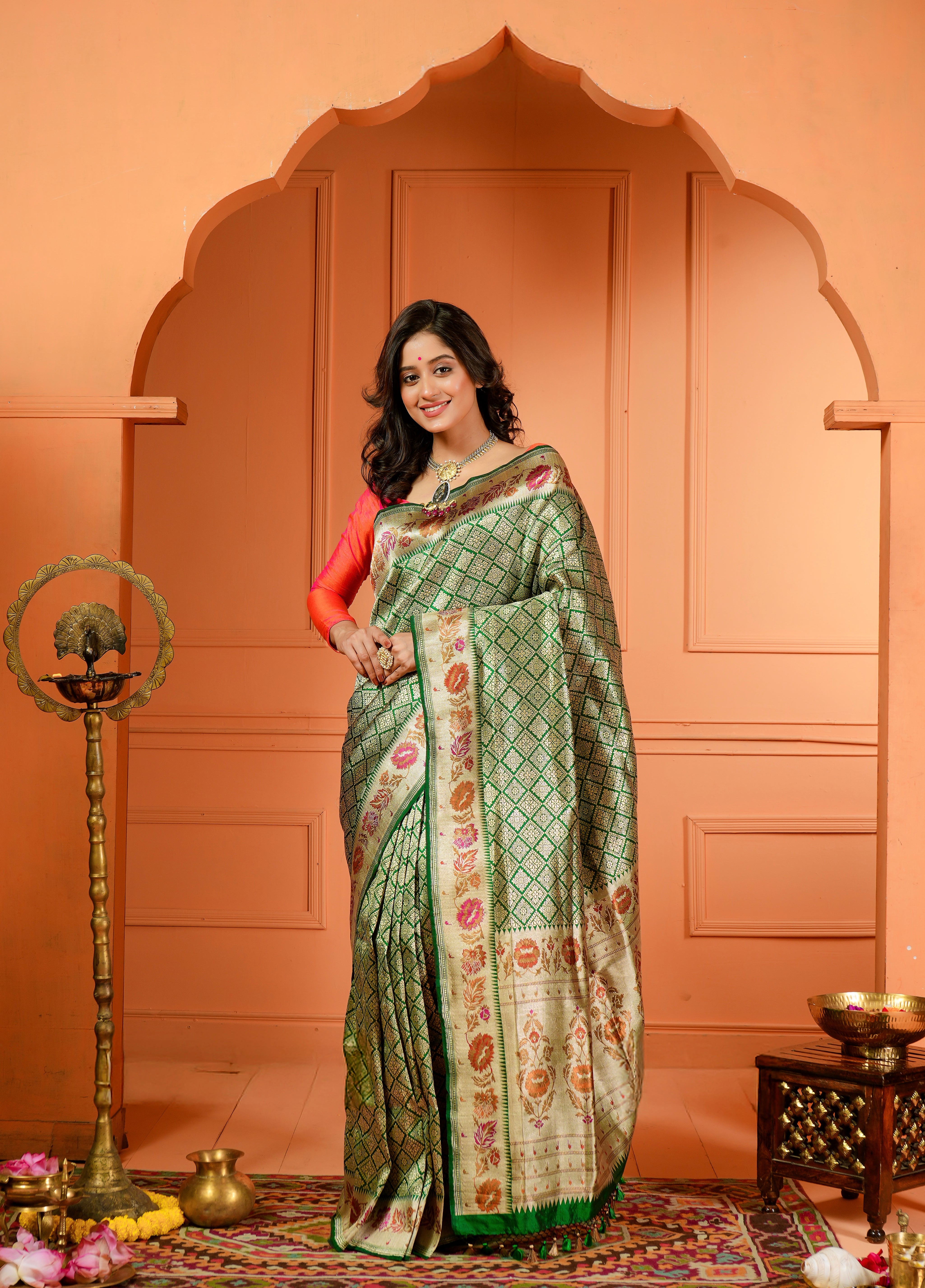 Pure Silk Paithani Brocade Banarasi- Dark Green