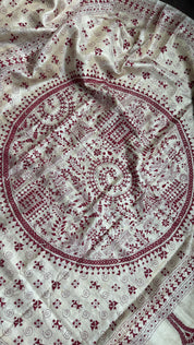 Pure Tussar Silk Kantha Stitch -  Tan Beige Maroon Worli Art