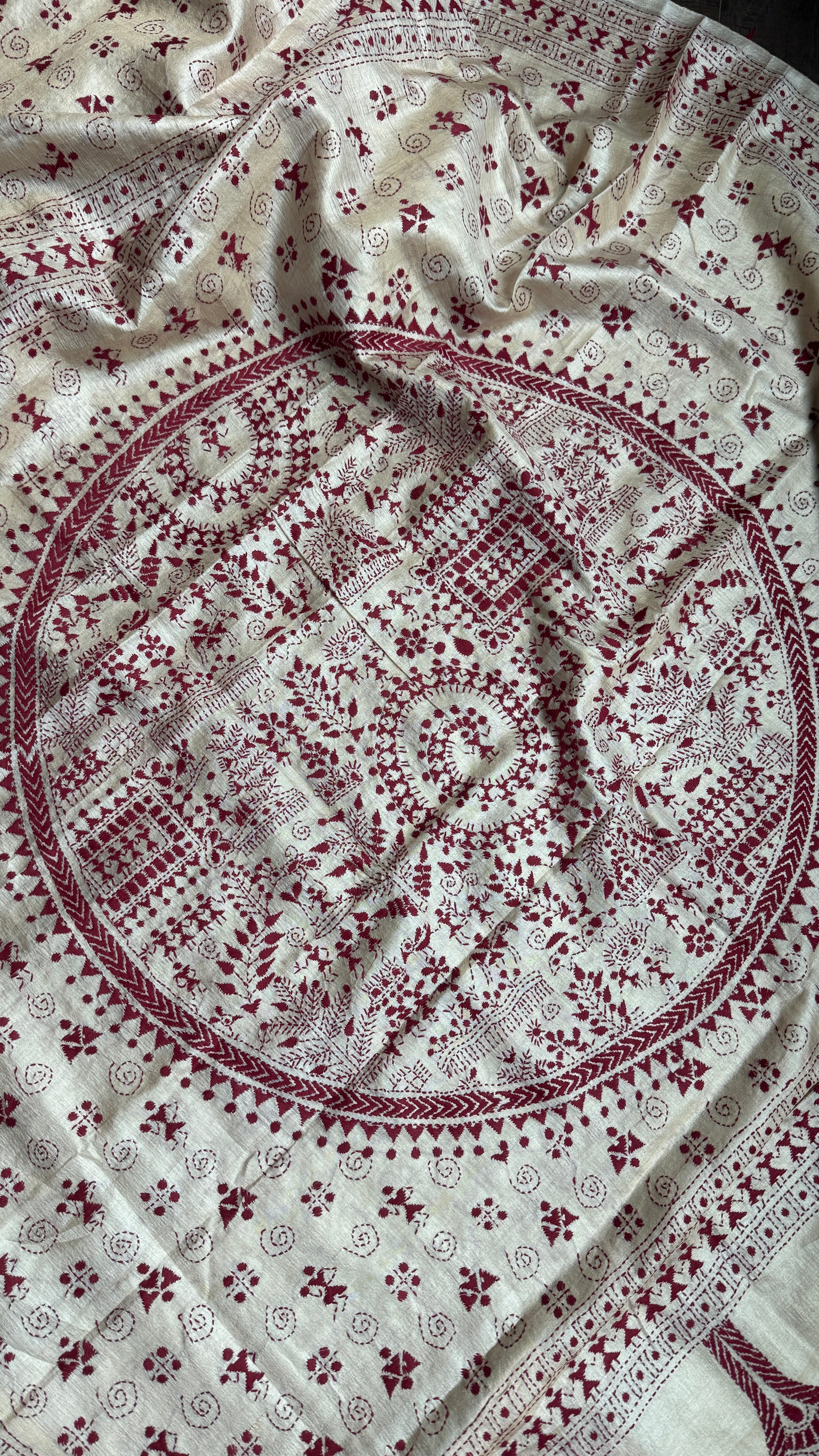 Pure Tussar Silk Kantha Stitch -  Tan Beige Maroon Worli Art