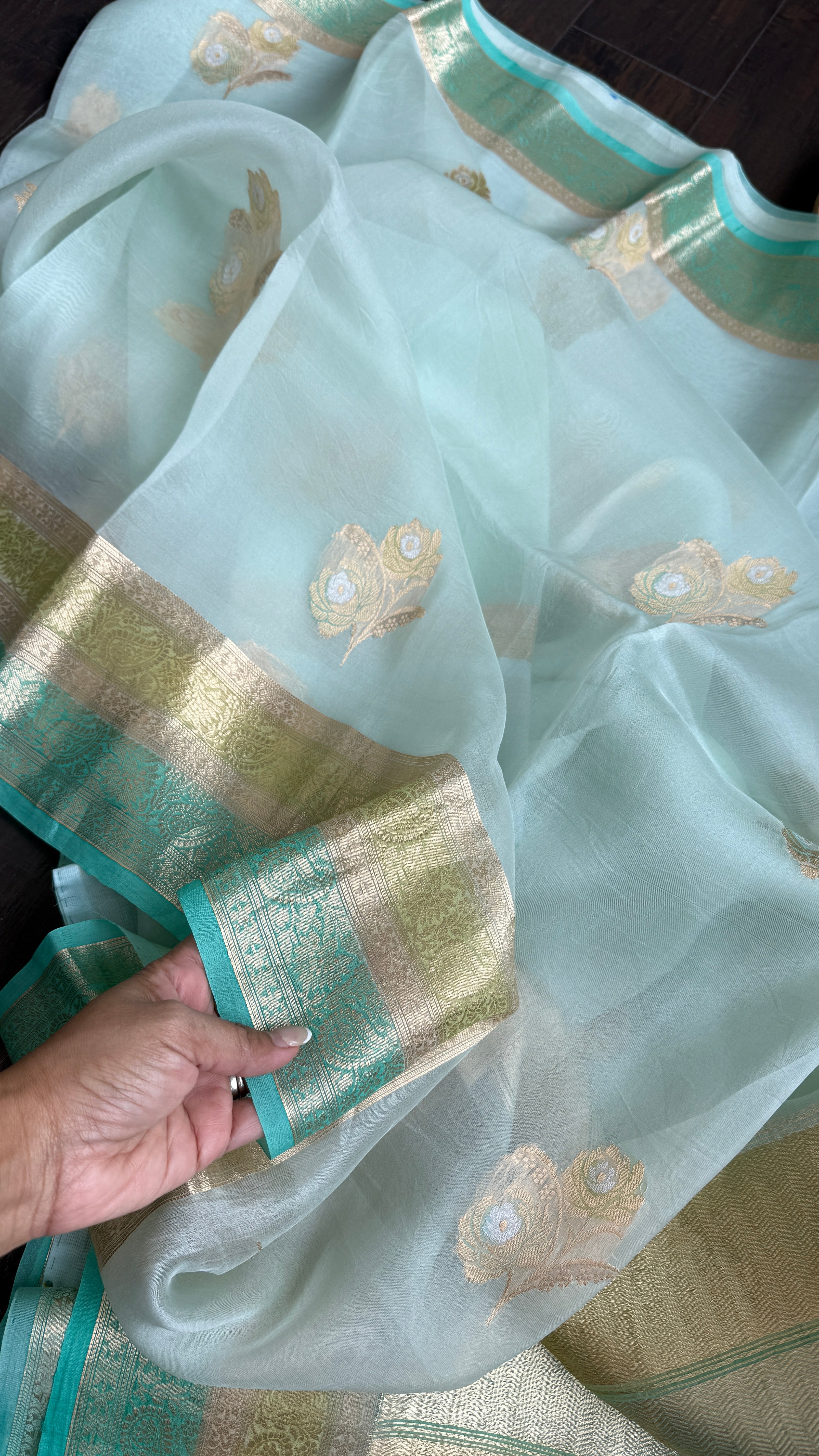 Kora Silk Banarsi - Mint Blue Kadwa