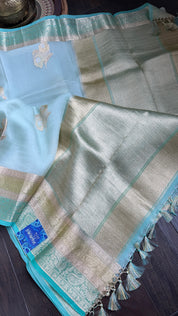 Kora Silk Banarsi - Mint Blue Kadwa