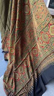Modal Silk Ajrakh - Greenish Yellow Black Striped