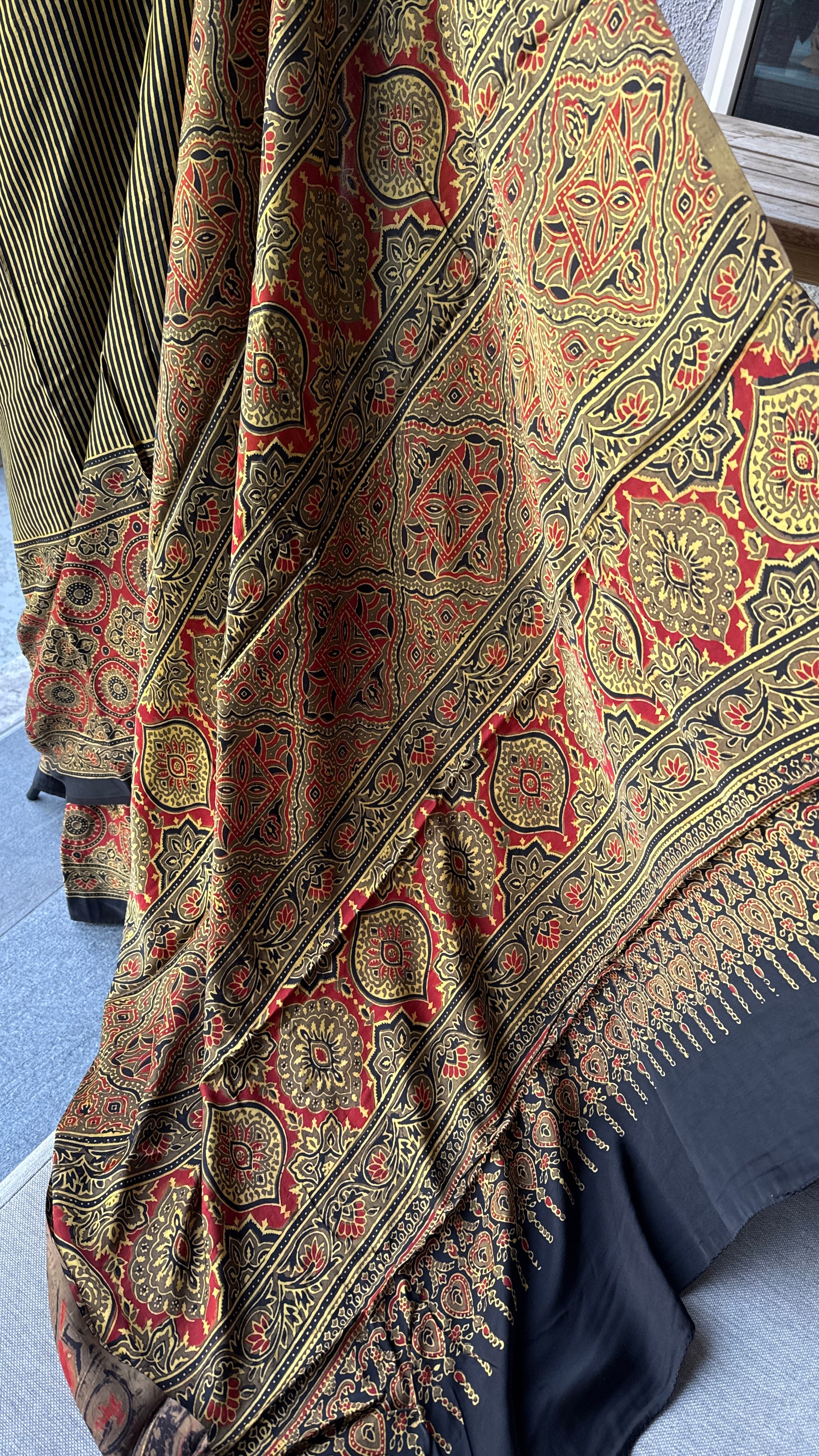 Modal Silk Ajrakh - Greenish Yellow Black Striped