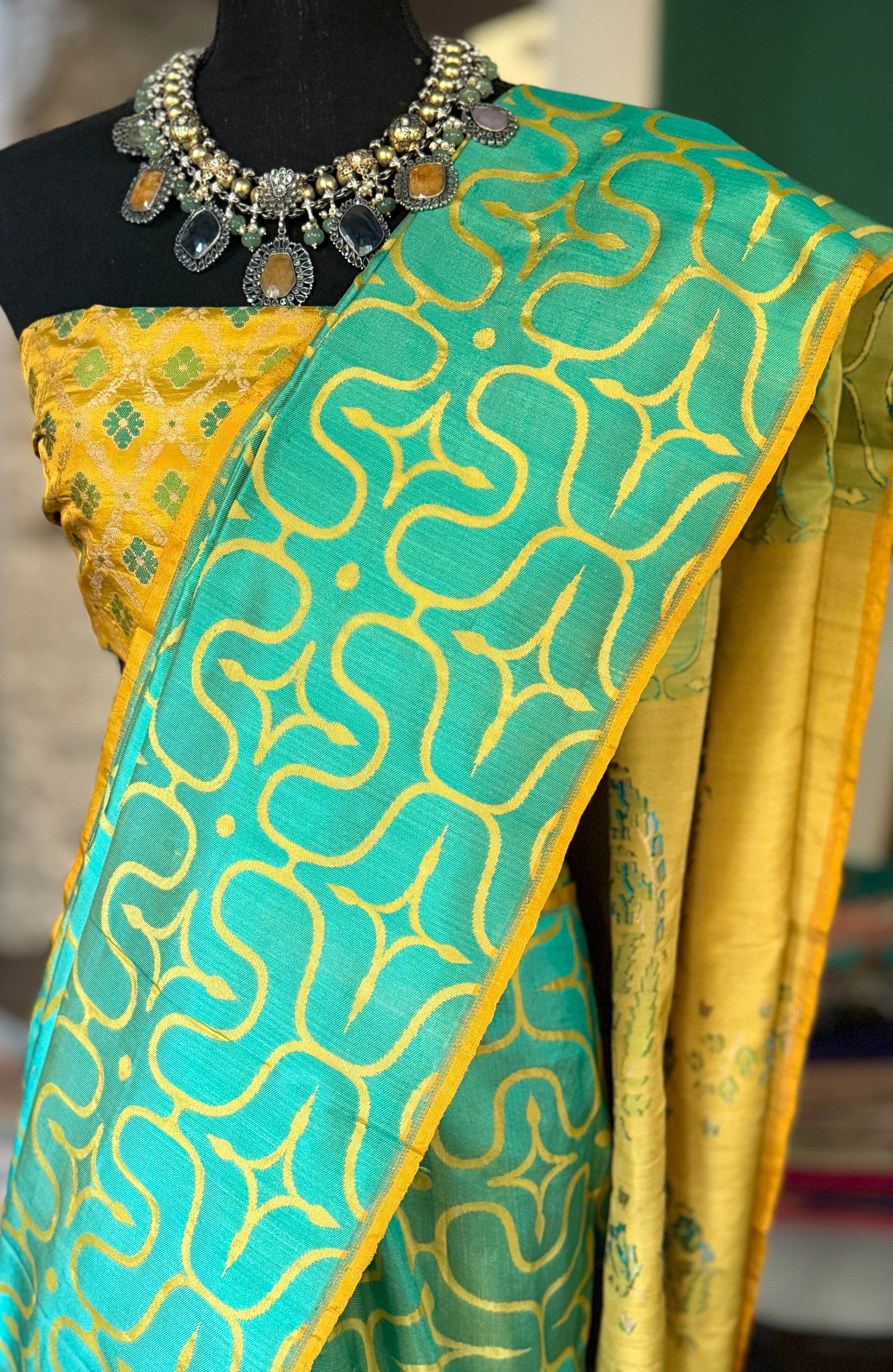 Pure Silk Contemporary Paithani Banarasi- Sea Green Yellow
