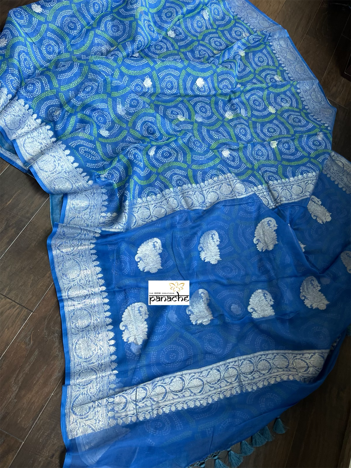 Khaddi Chiffon Banarasi - Blue Green Bandhej Printed