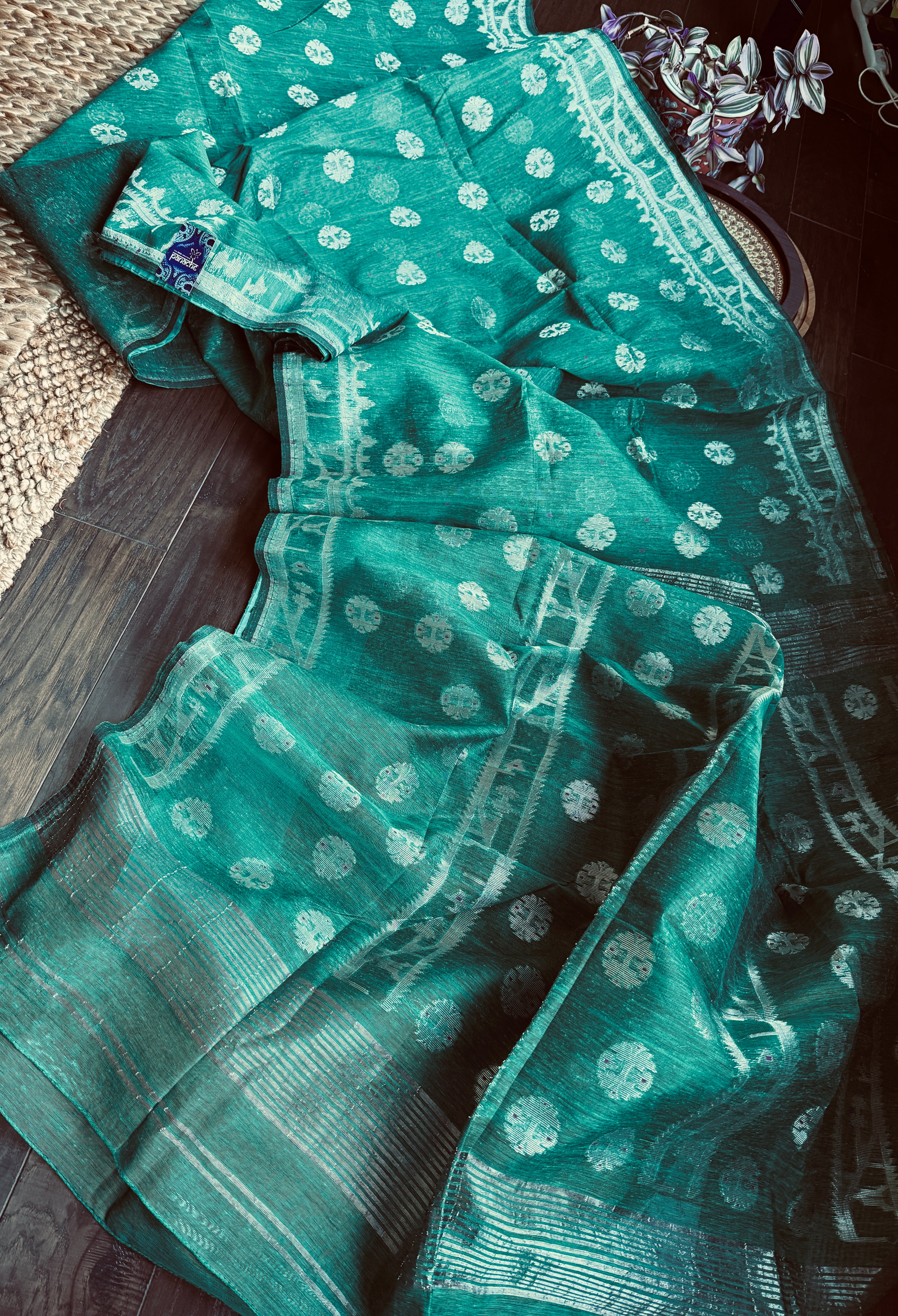 Dhakai Jamdani  - Teal Green Silver Zari  Woven