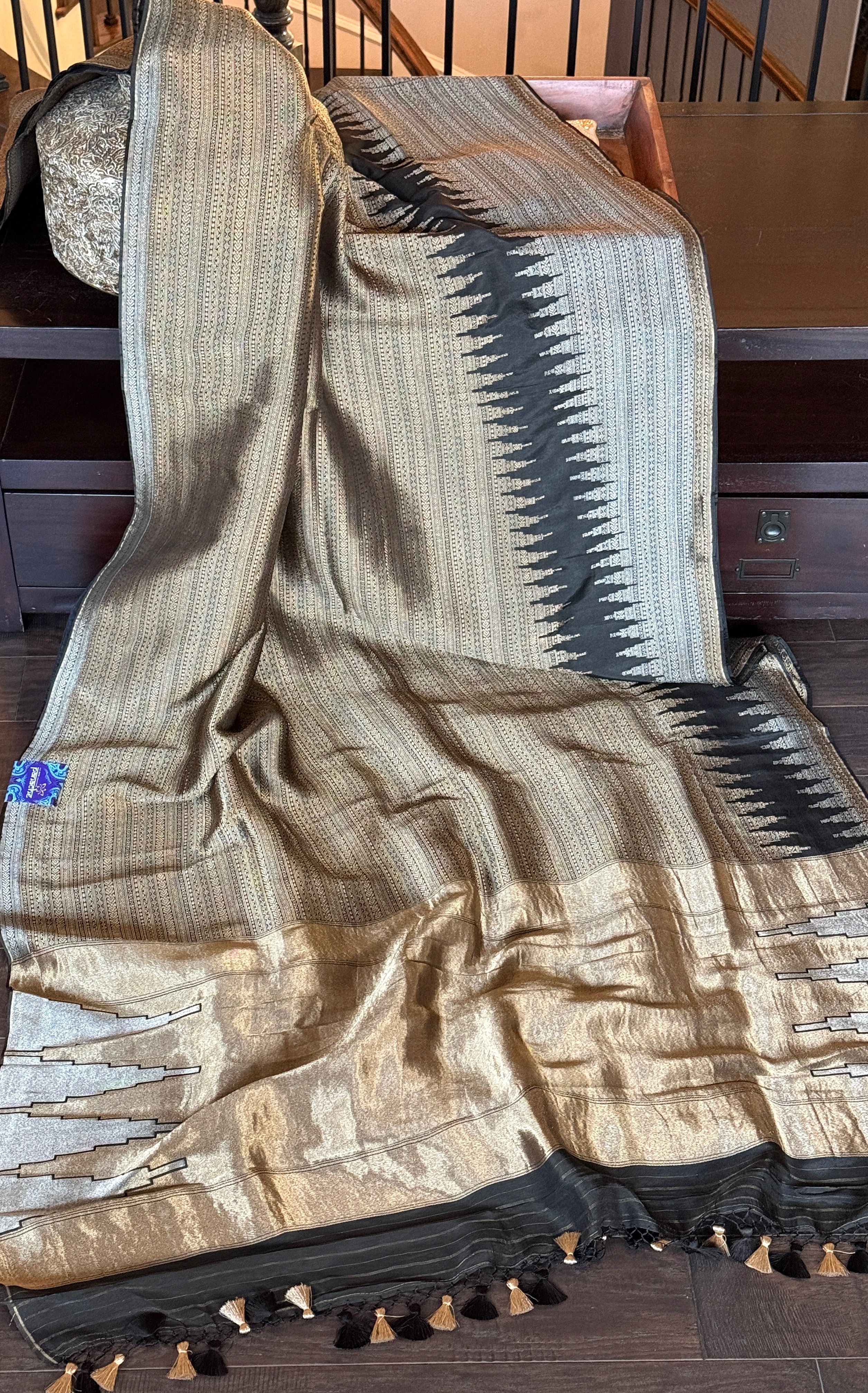 Designer Soft Silk Brocade Banarasi - Black Gold Zari