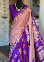 Tussar Georgette Katan Silk Banarasi - Blush pink Purple Kadhua