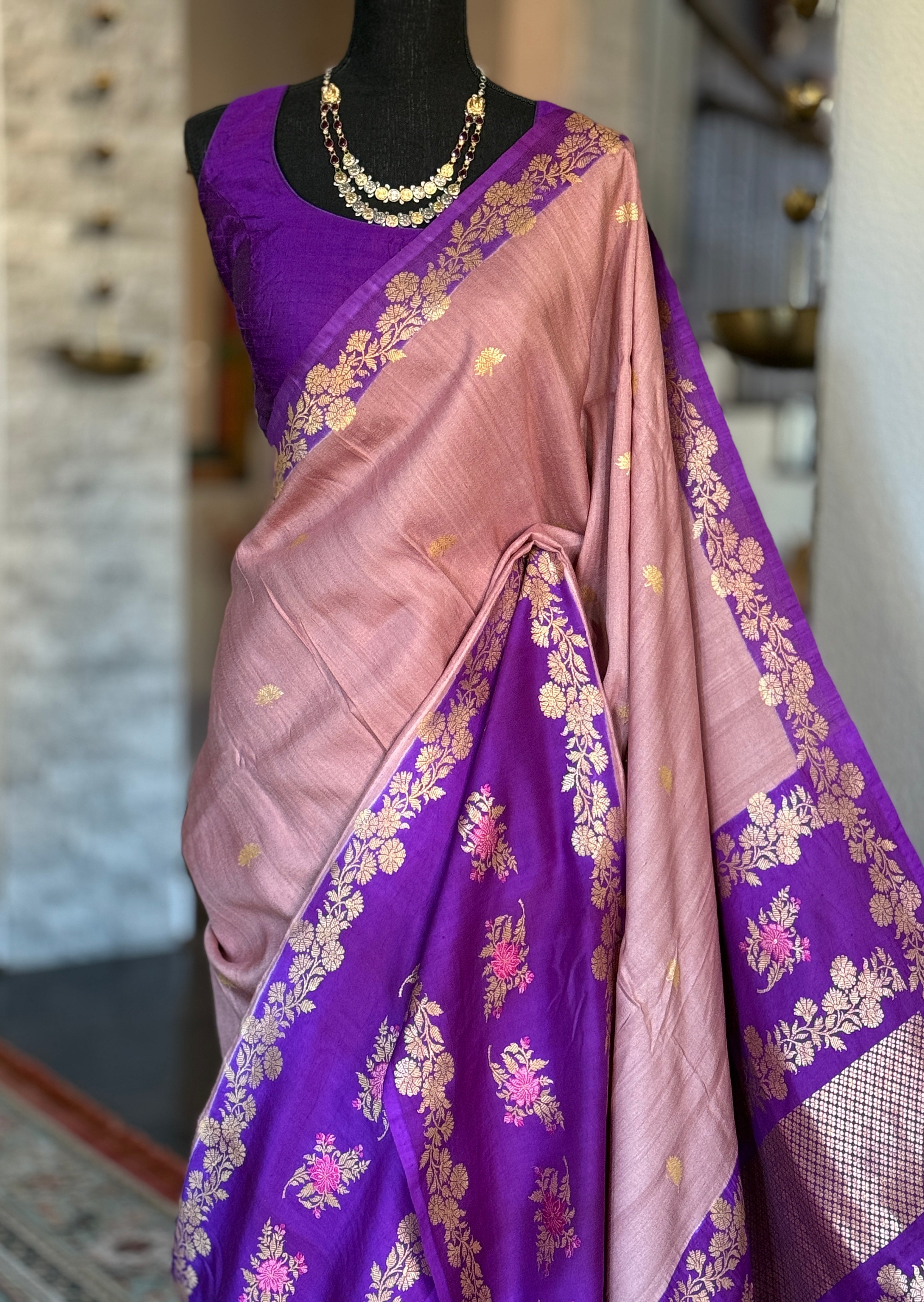 Tussar Georgette Katan Silk Banarasi - Blush pink Purple Kadhua