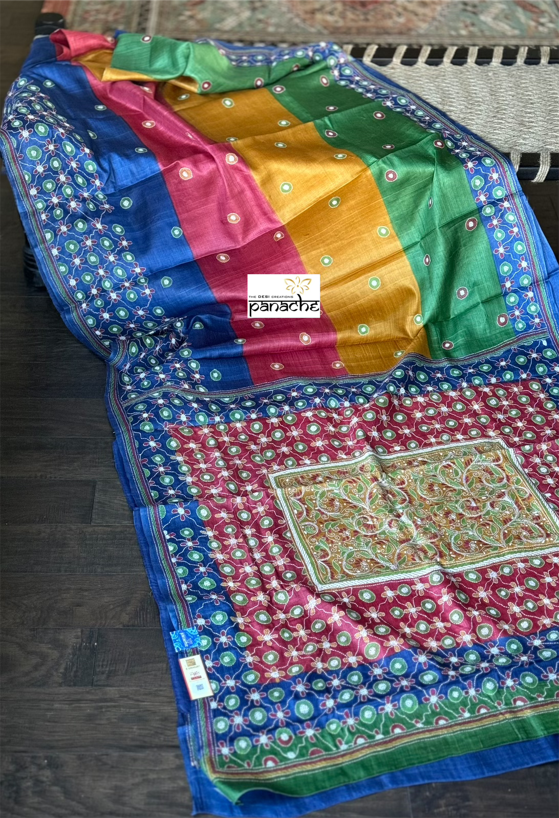 Pure Tussar Silk Sujni Kantha Stitch -  Blue Multi Color