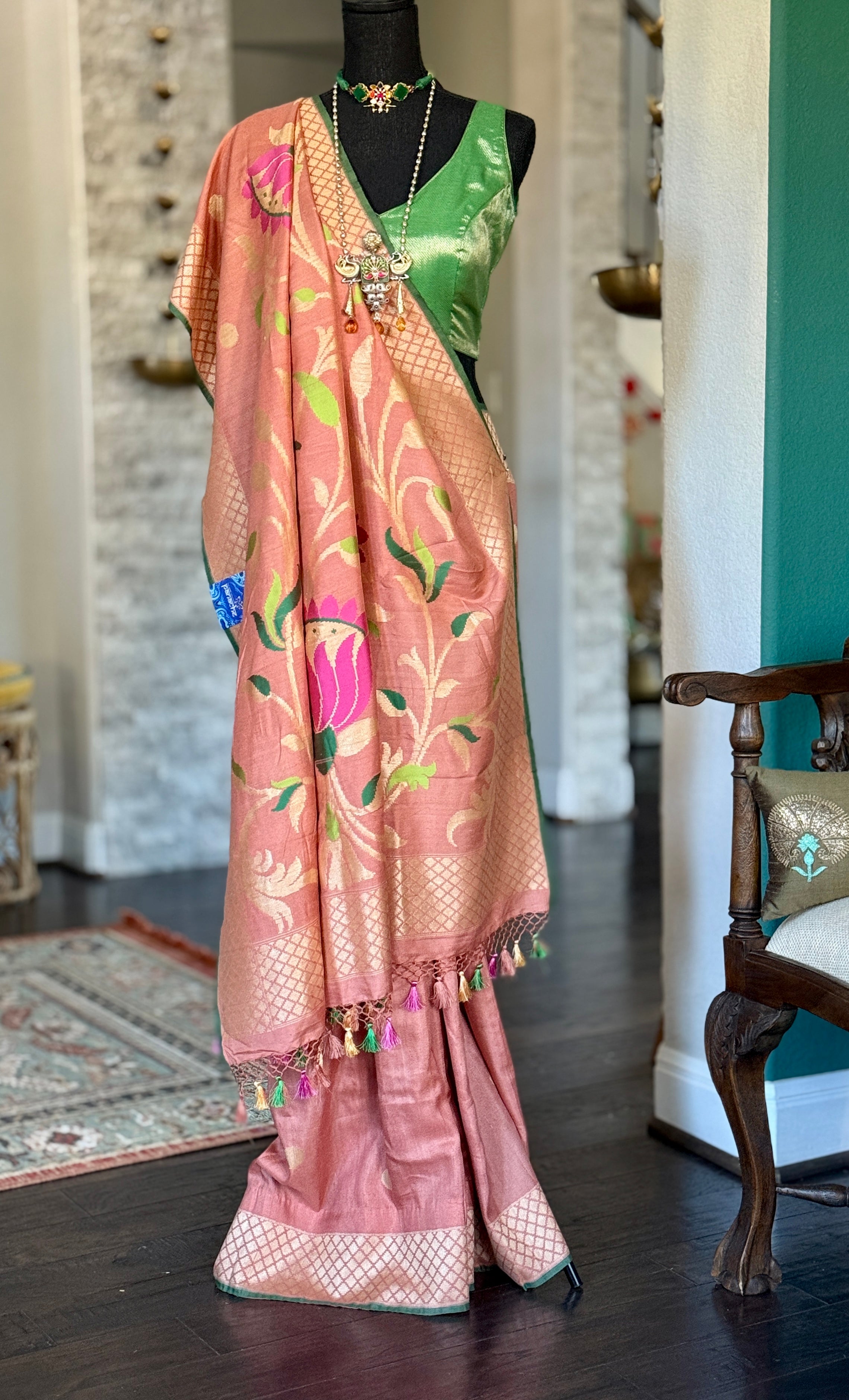 Khaddi Tussar Banarasi -  Gajri Pink Green Paithani