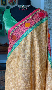 Printed Tussar Silk Kantha Stitch - Light Ochre Yellow