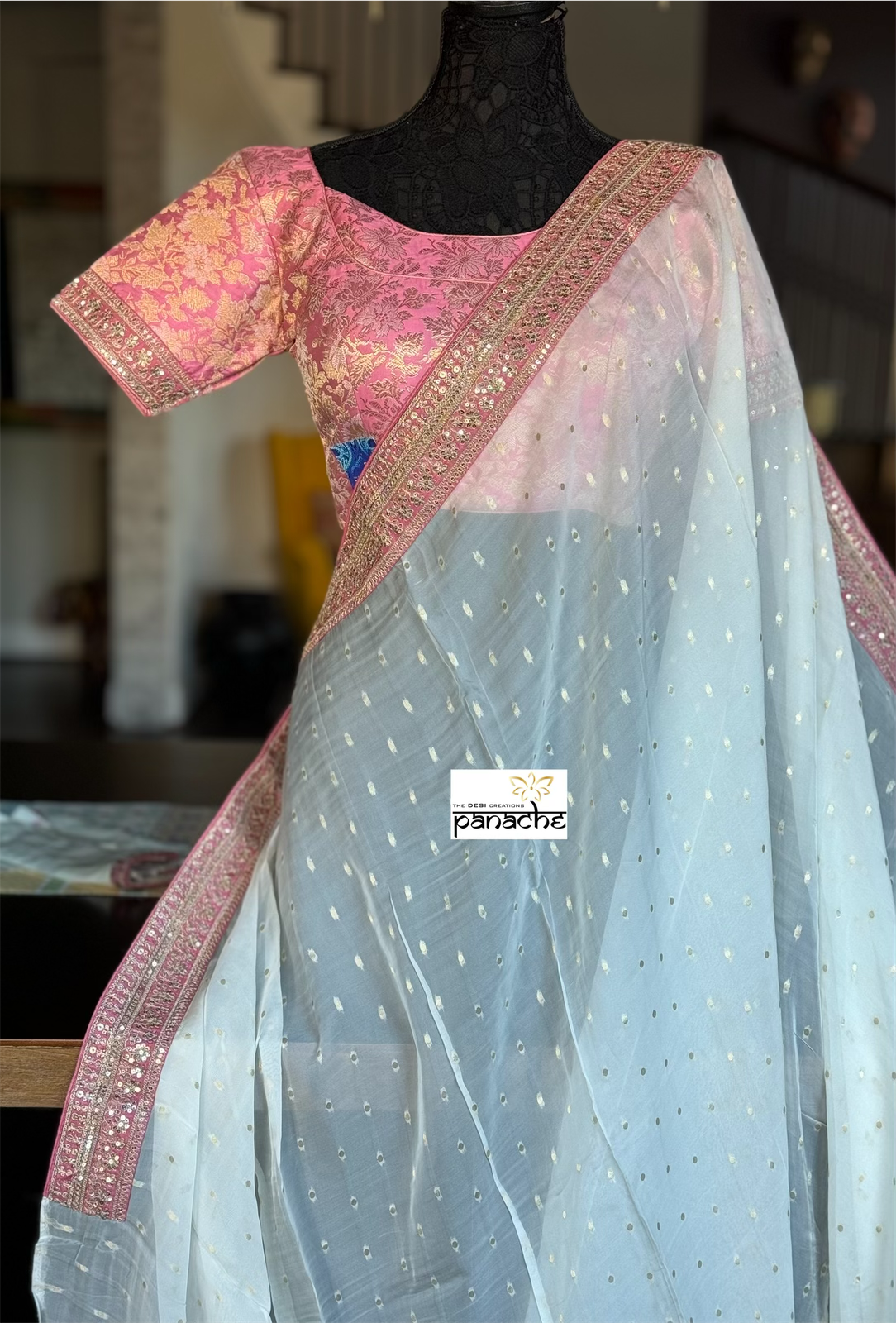 Designer Saree Blouse Pair - Off White Pink