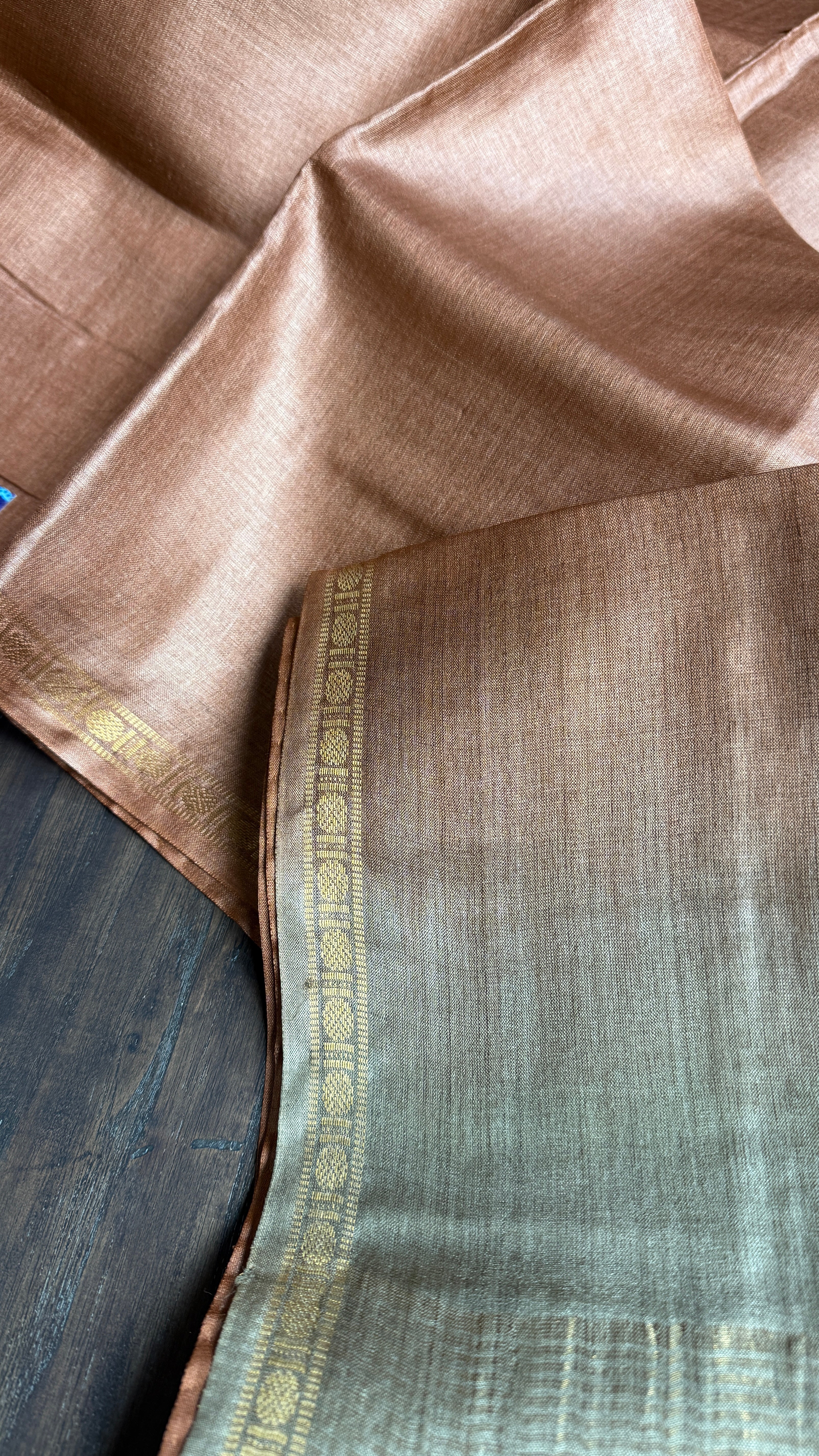 Handwoven Tussar Silk - Light Copper Brown Golden Zari