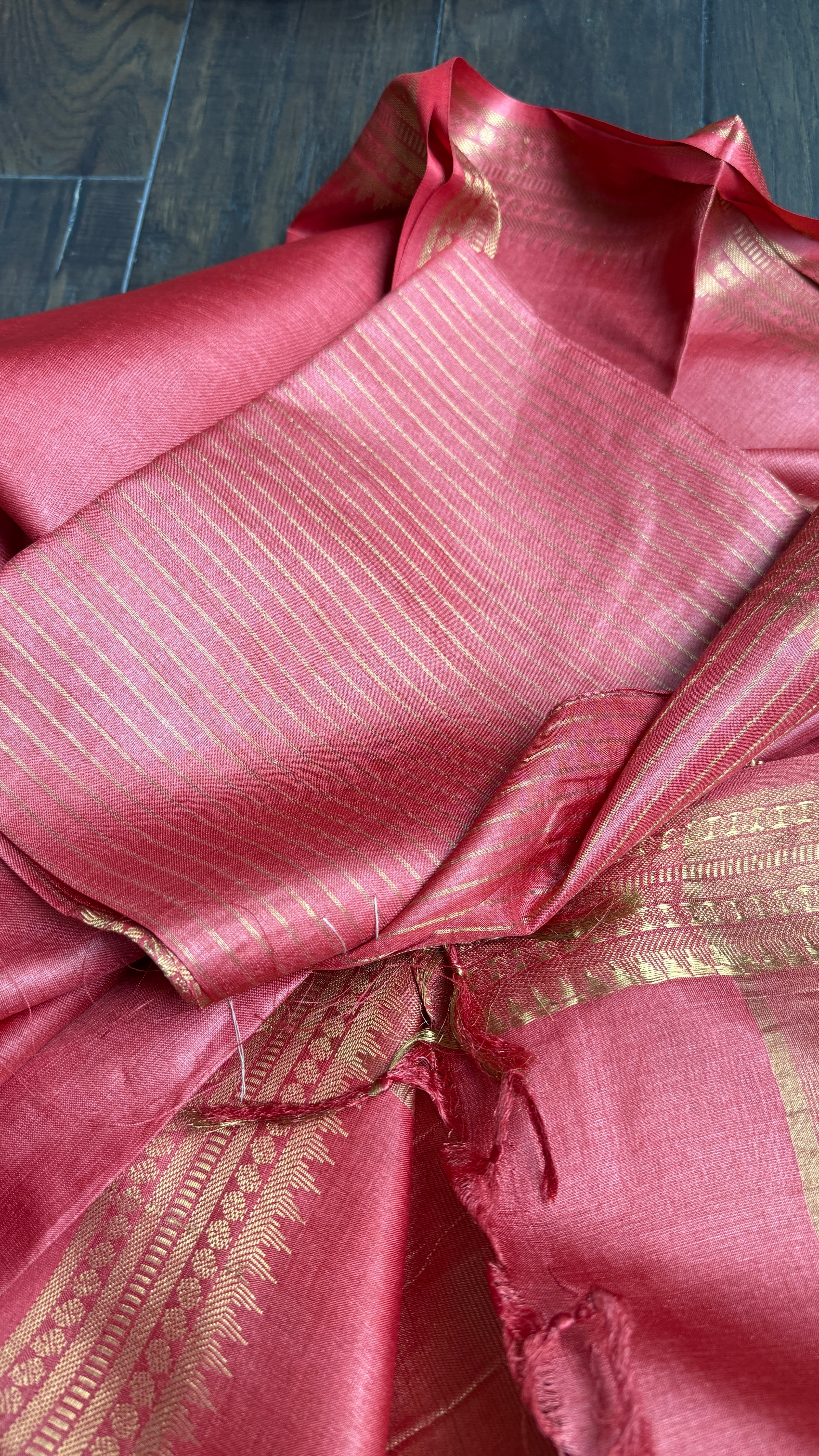 Handwoven Tussar Silk - Red Golden Zari