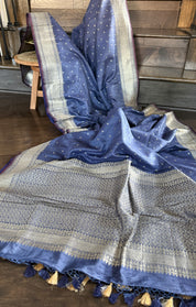 Tussar Silk Banarasi - Grey Blue Antique Zari