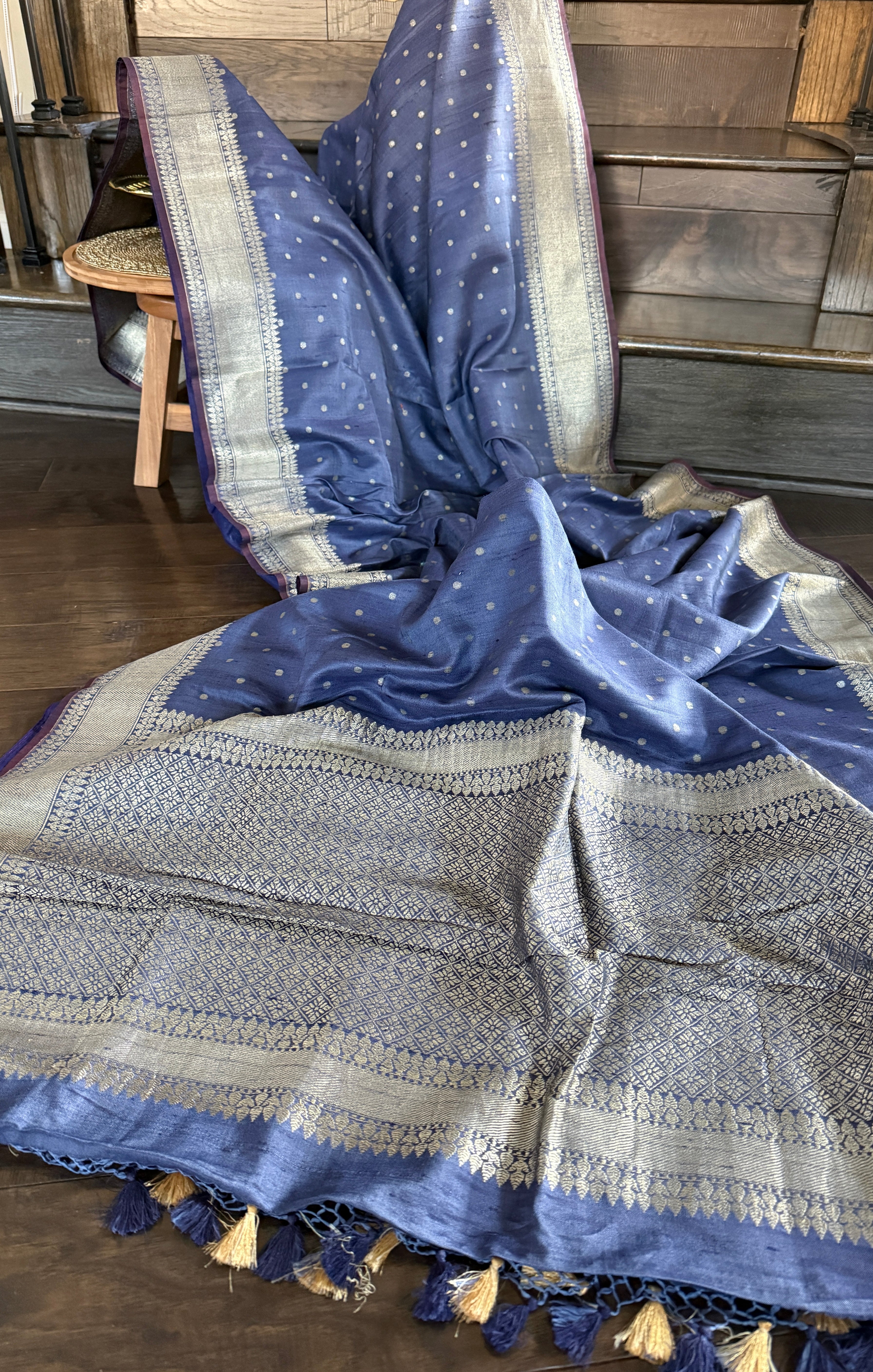 Tussar Silk Banarasi - Grey Blue Antique Zari