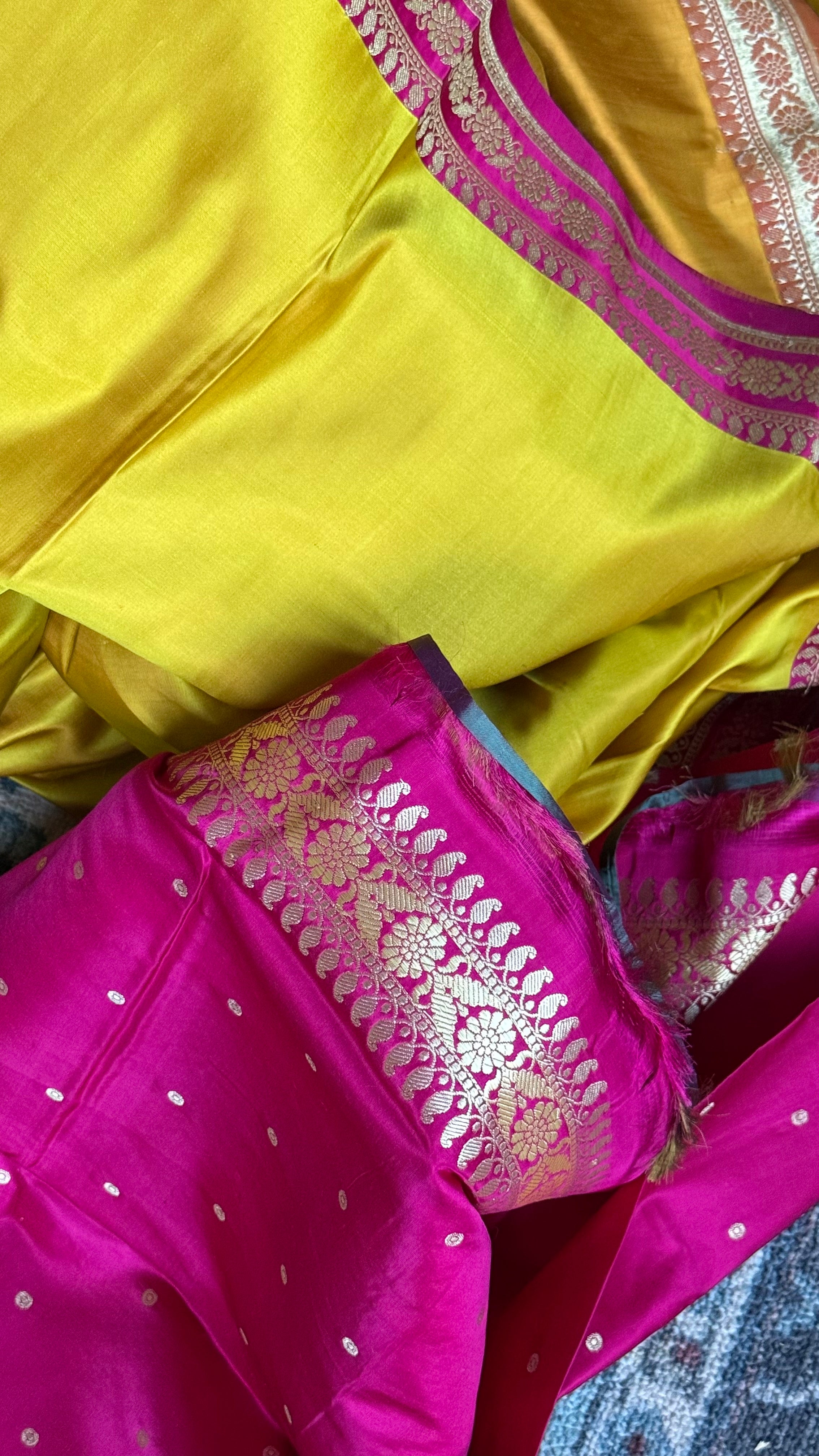 Pure Silk Mashru Banarasi- Yellow Magenta Pink Red