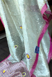 Hand Zardozi Pure Chanderi Tissue Silk - Silver Pink Woven