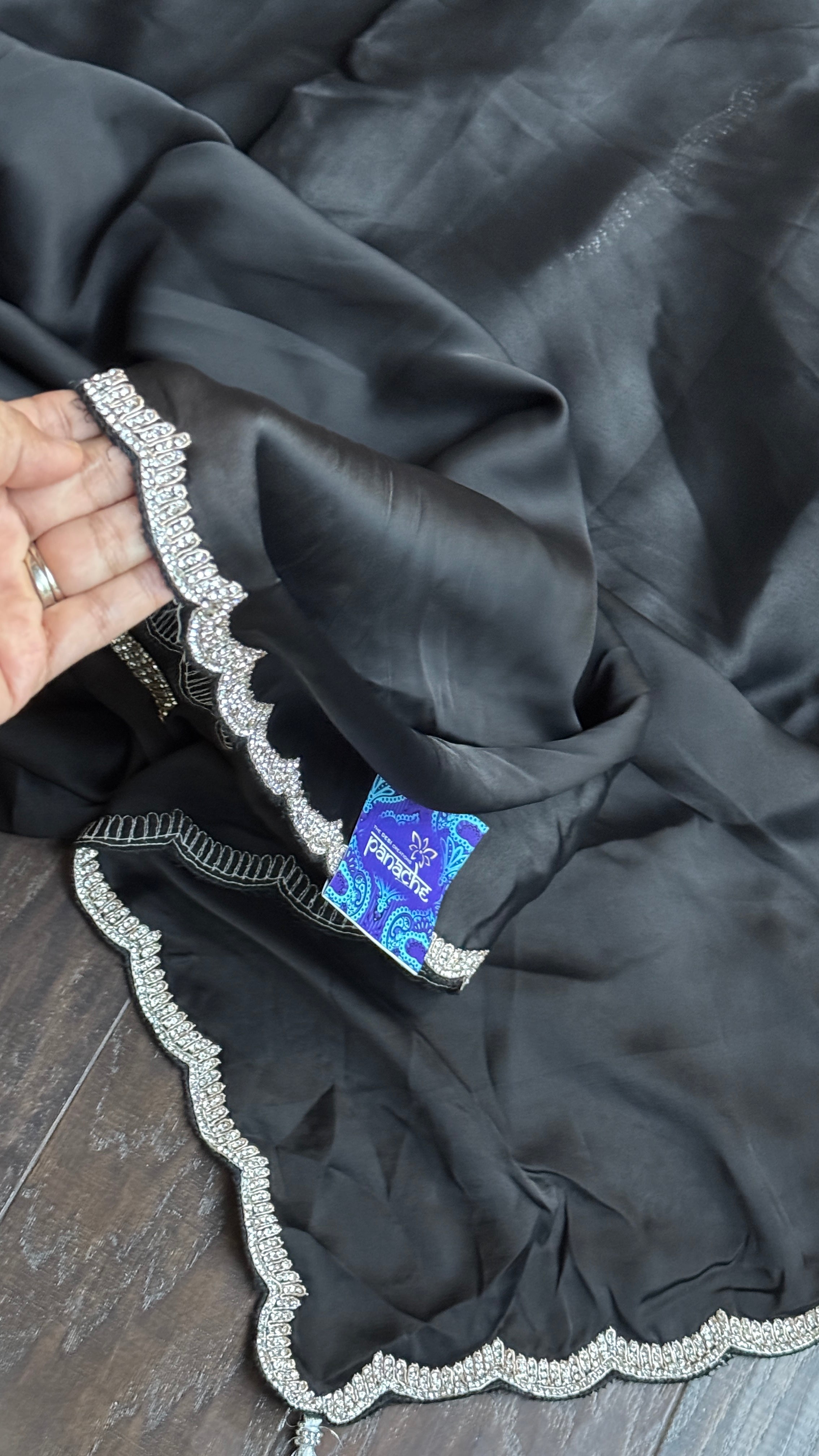 Designer Satin Silk - Black Stone Border