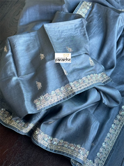 Designer Tussar Silk - Steel Grey Hand Embroidered