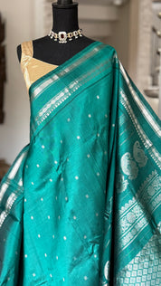 Pure Silk Gadwal - Teal Green Silver Zari