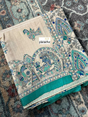 Pure Tussar Silk - Beige Blue Madhubani