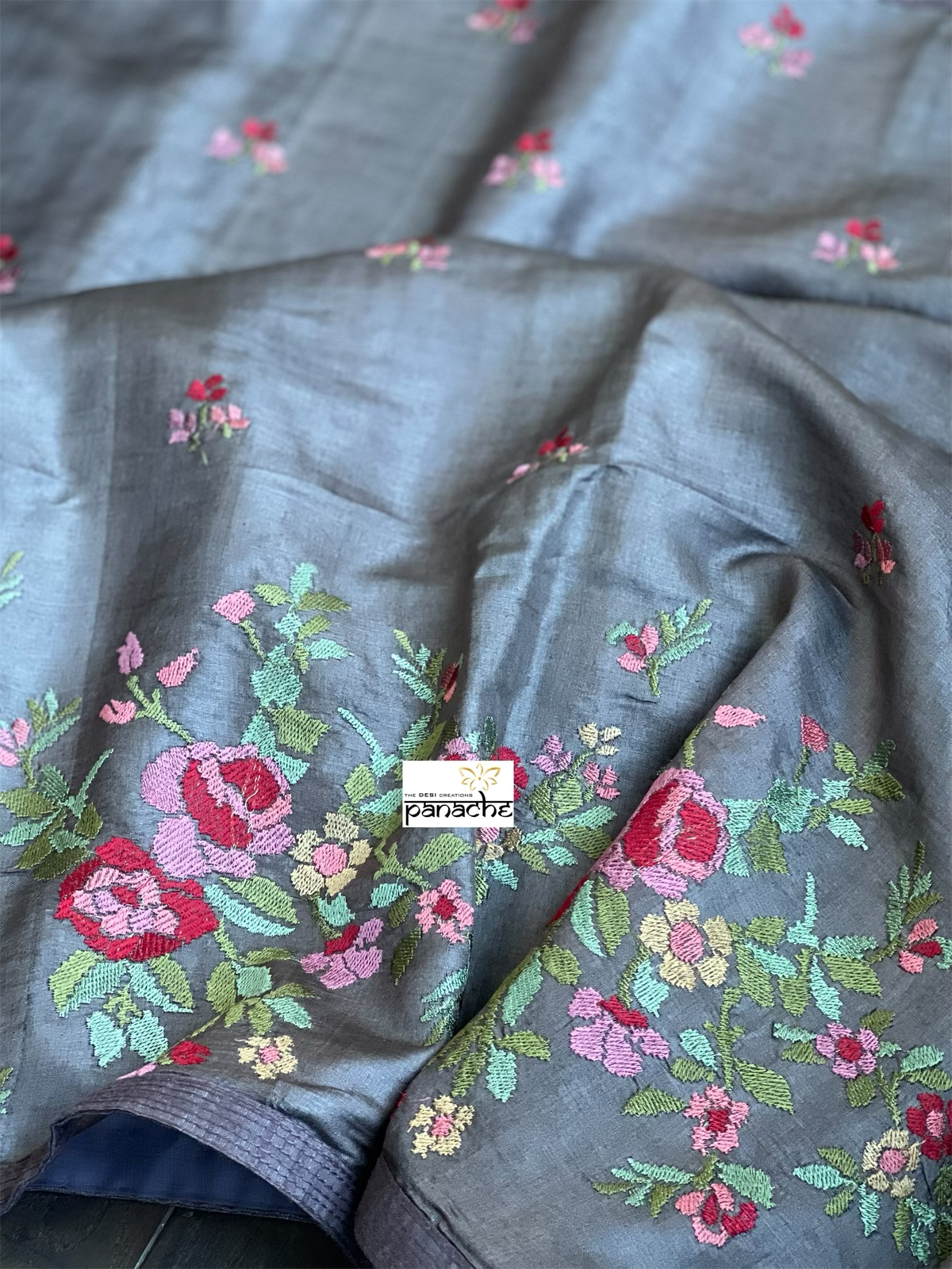 Designer Tussar Silk - Grey Mauve Embroidered