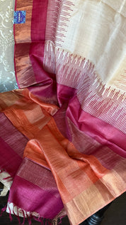 Pure Tussar Silk Hand Block Printed - Beige Rust Wine