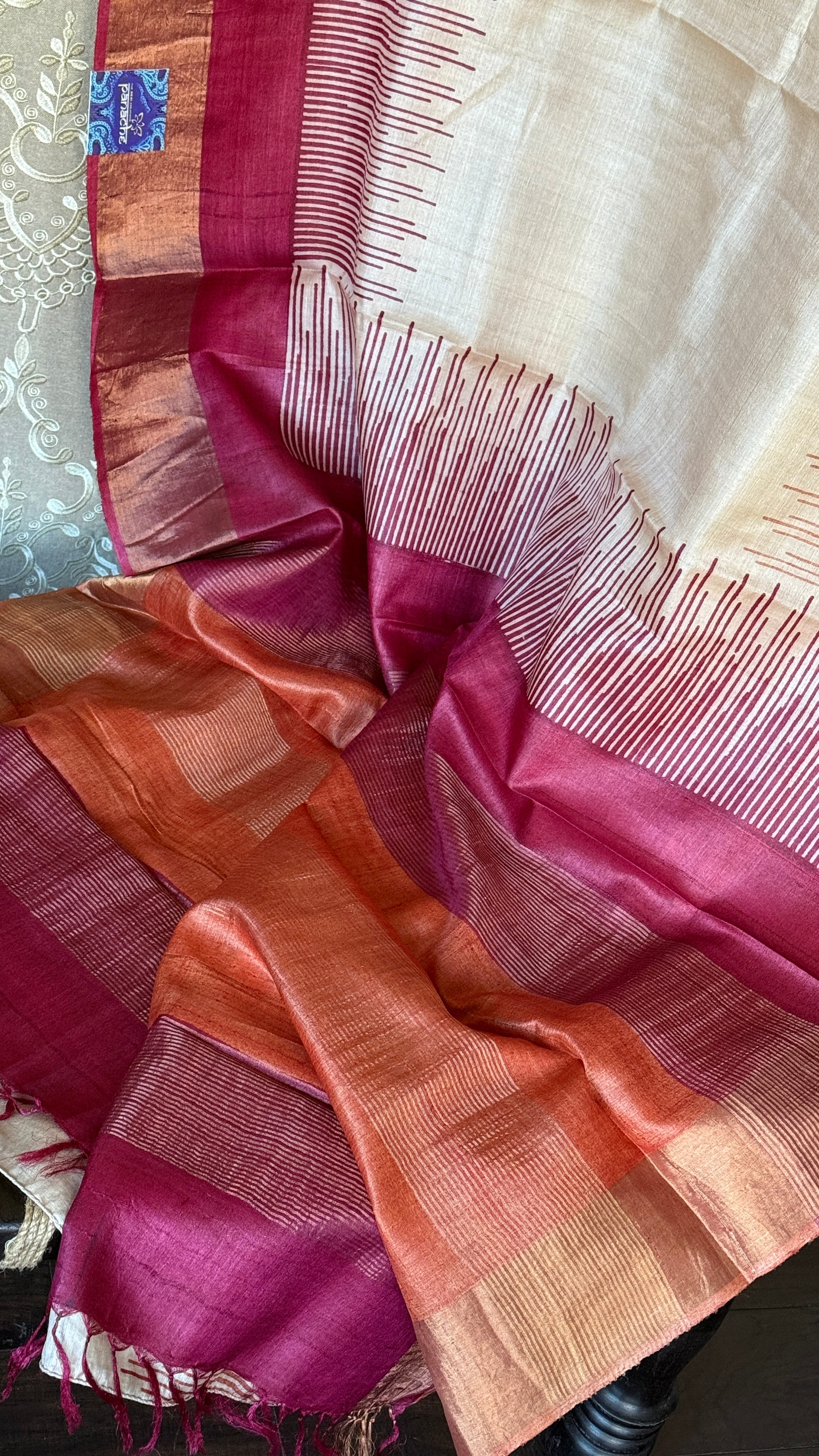 Pure Tussar Silk Hand Block Printed - Beige Rust Wine