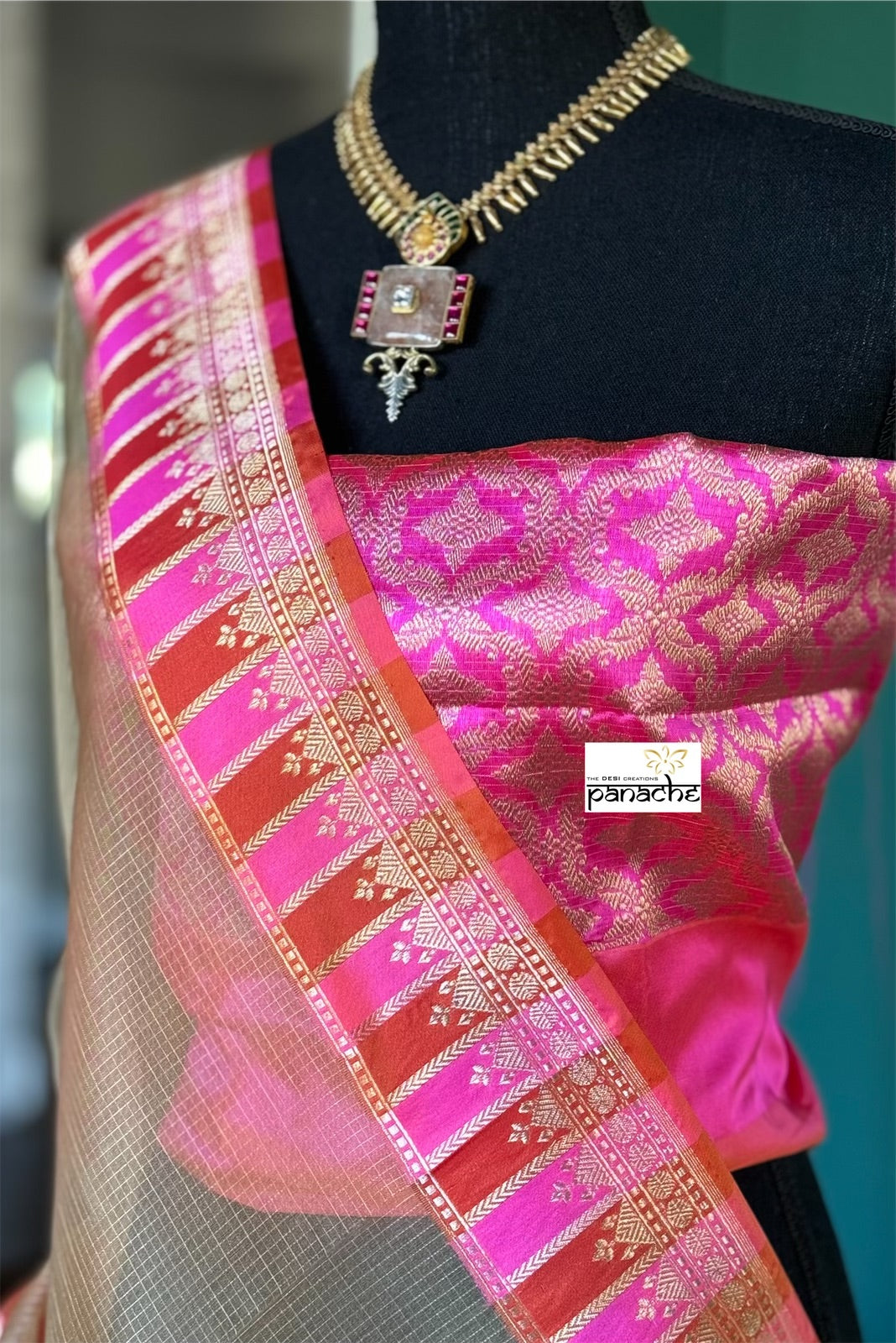 Organza Katan Silk Banarasi -  Tan Pink Orange Checkered