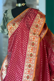 Silk Banarasi - Red Rusty Orange Paithani border