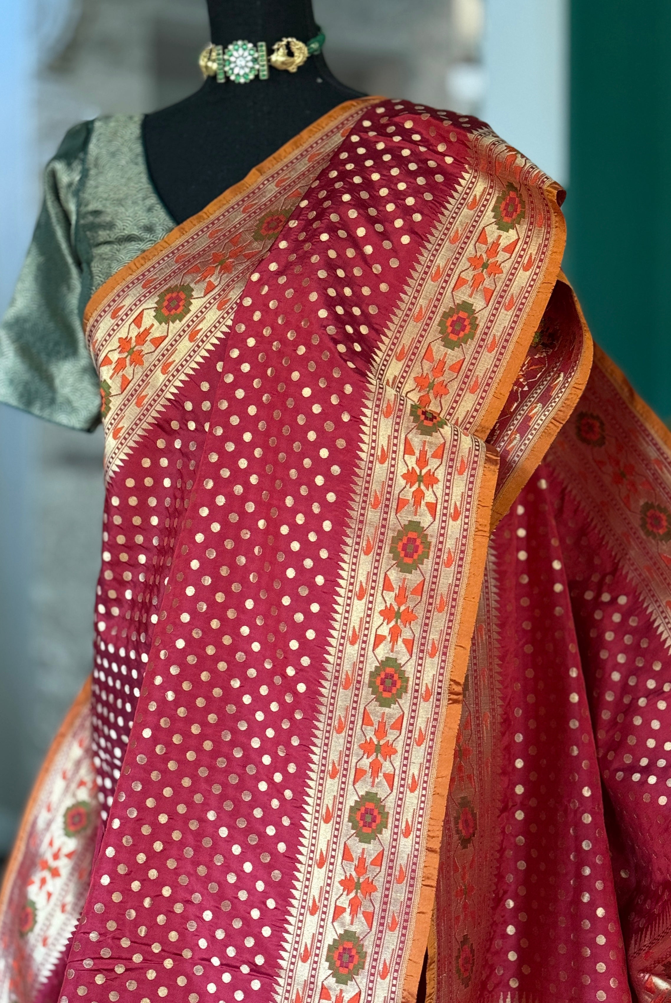 Silk Banarasi - Red Rusty Orange Paithani border