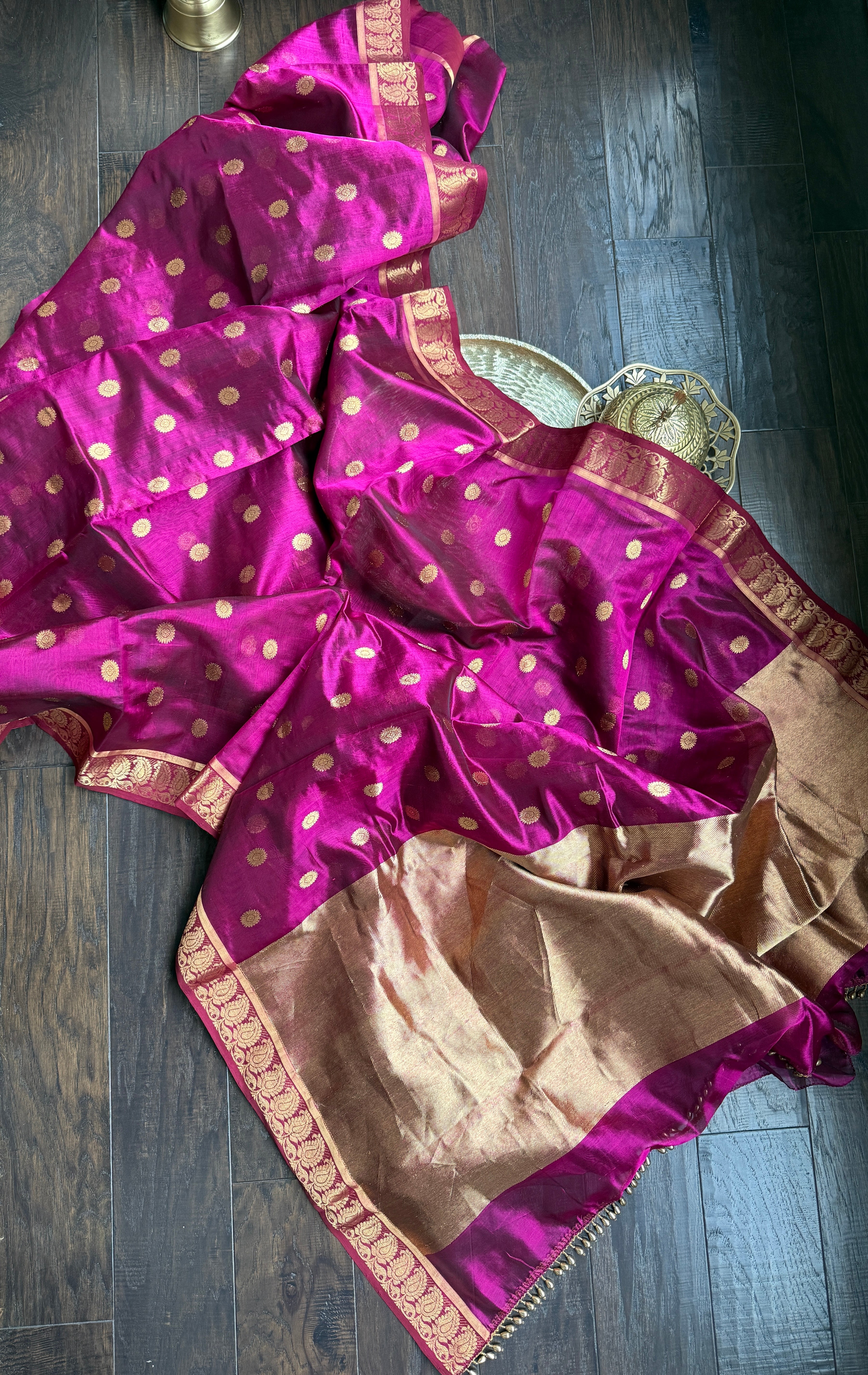Pure Chanderi Pattu Silk - Magenta Pink Paisley Woven