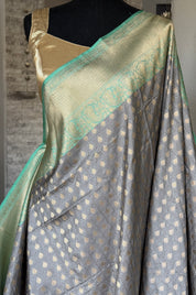 Pure Katan Silk Banarasi - Grey Sea Green Checkered
