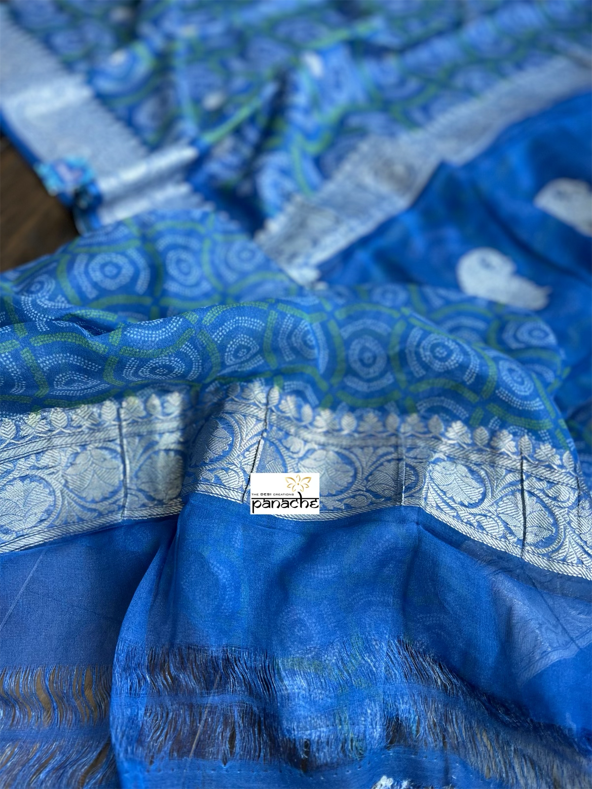 Khaddi Chiffon Banarasi - Blue Green Bandhej Printed