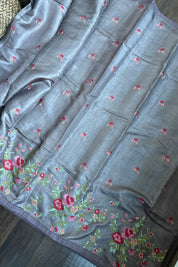 Designer Tussar Silk - Grey Mauve Embroidered