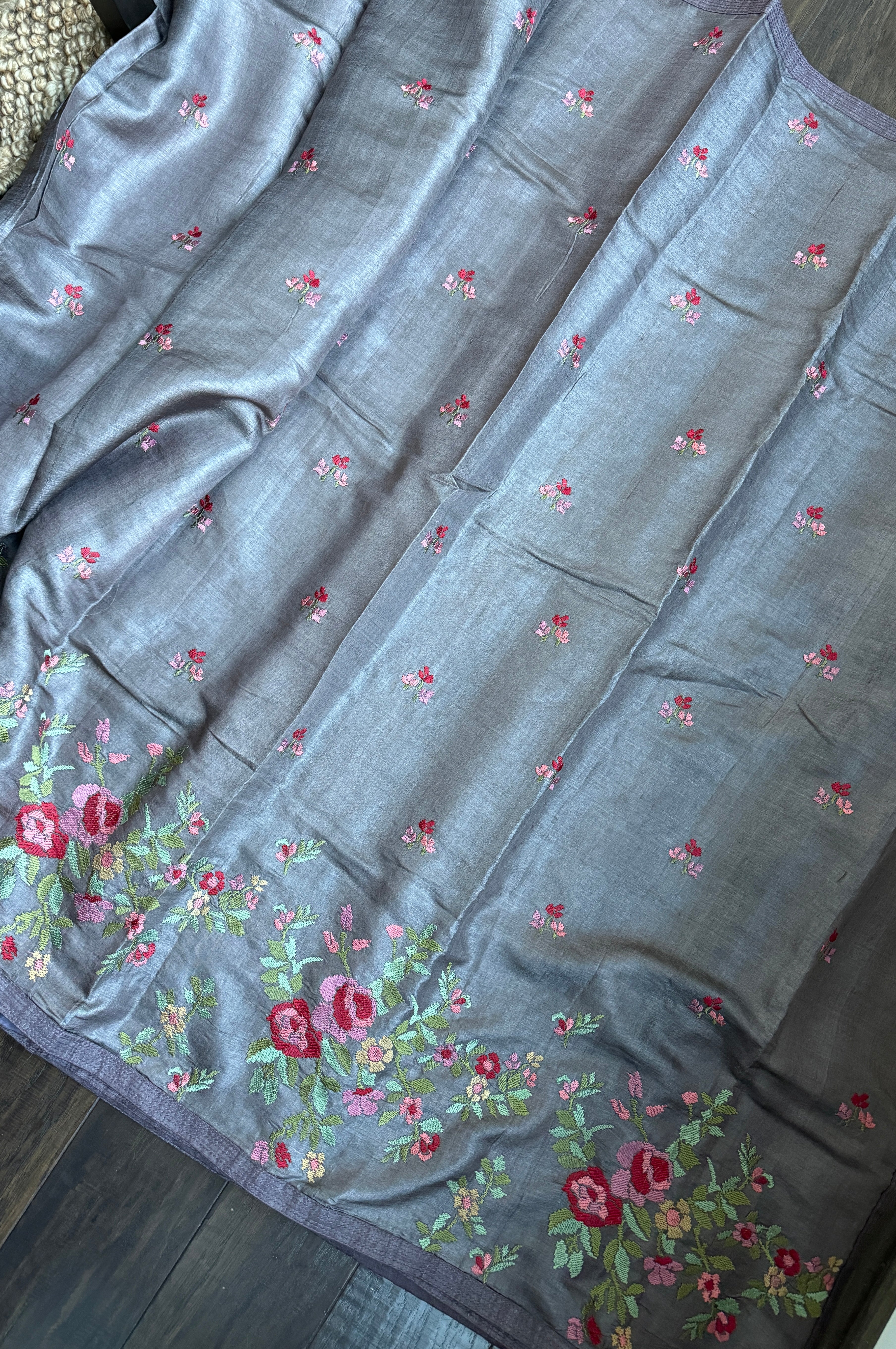 Designer Tussar Silk - Grey Mauve Embroidered