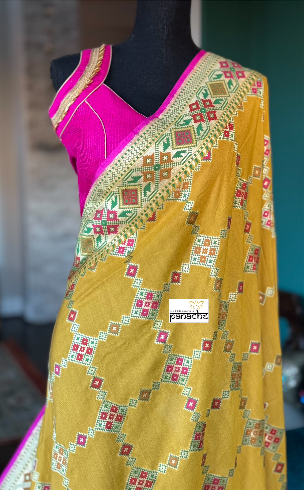 Khaddi Muga Silk Tilfi Banarasi - Yellow Pink Woven