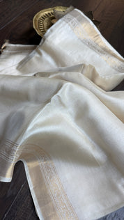 Pure Tussar Silk - Cream Beige Golden Zari Woven2