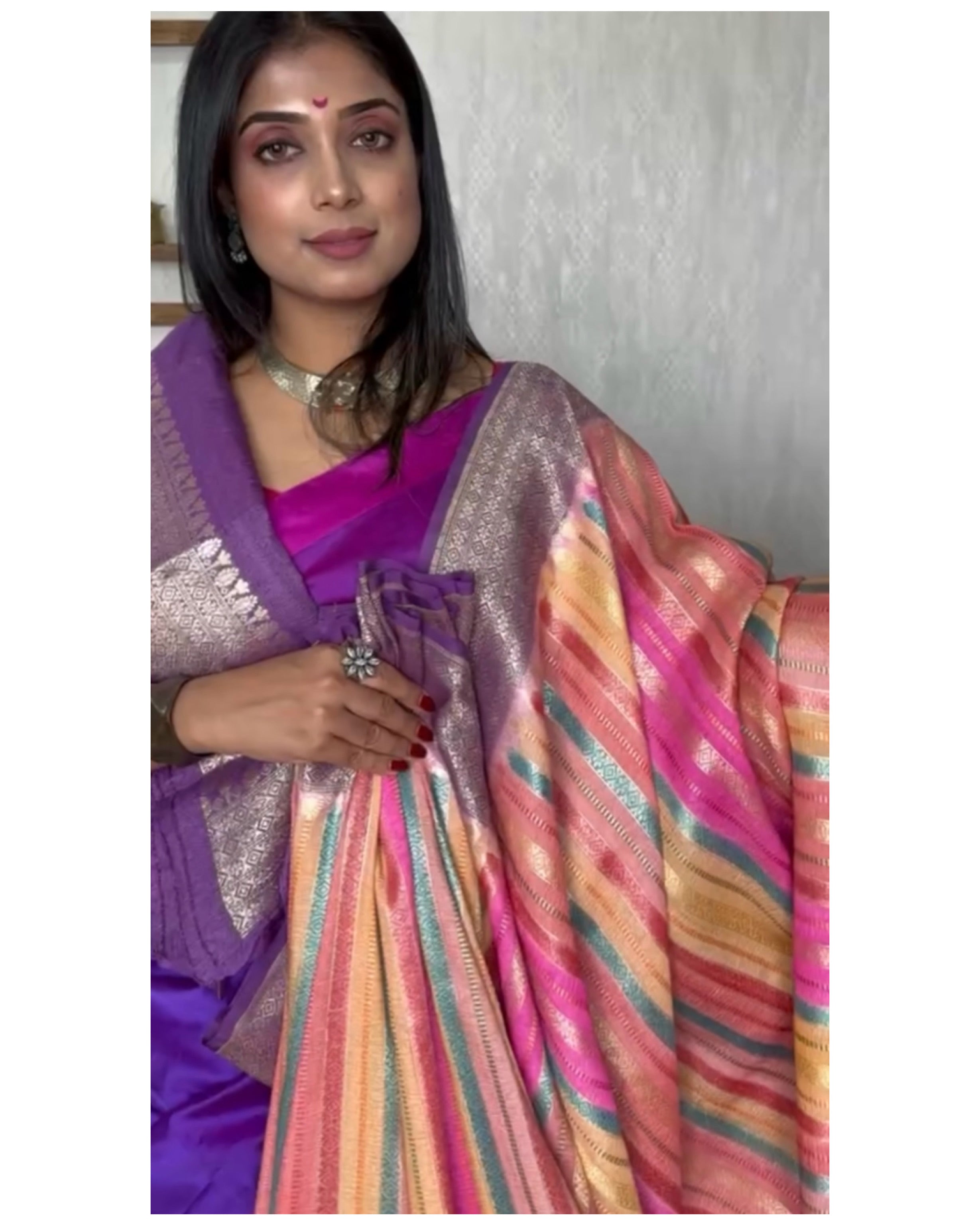 Khaddi Tussar Banarasi -  Pink Multi color Purple