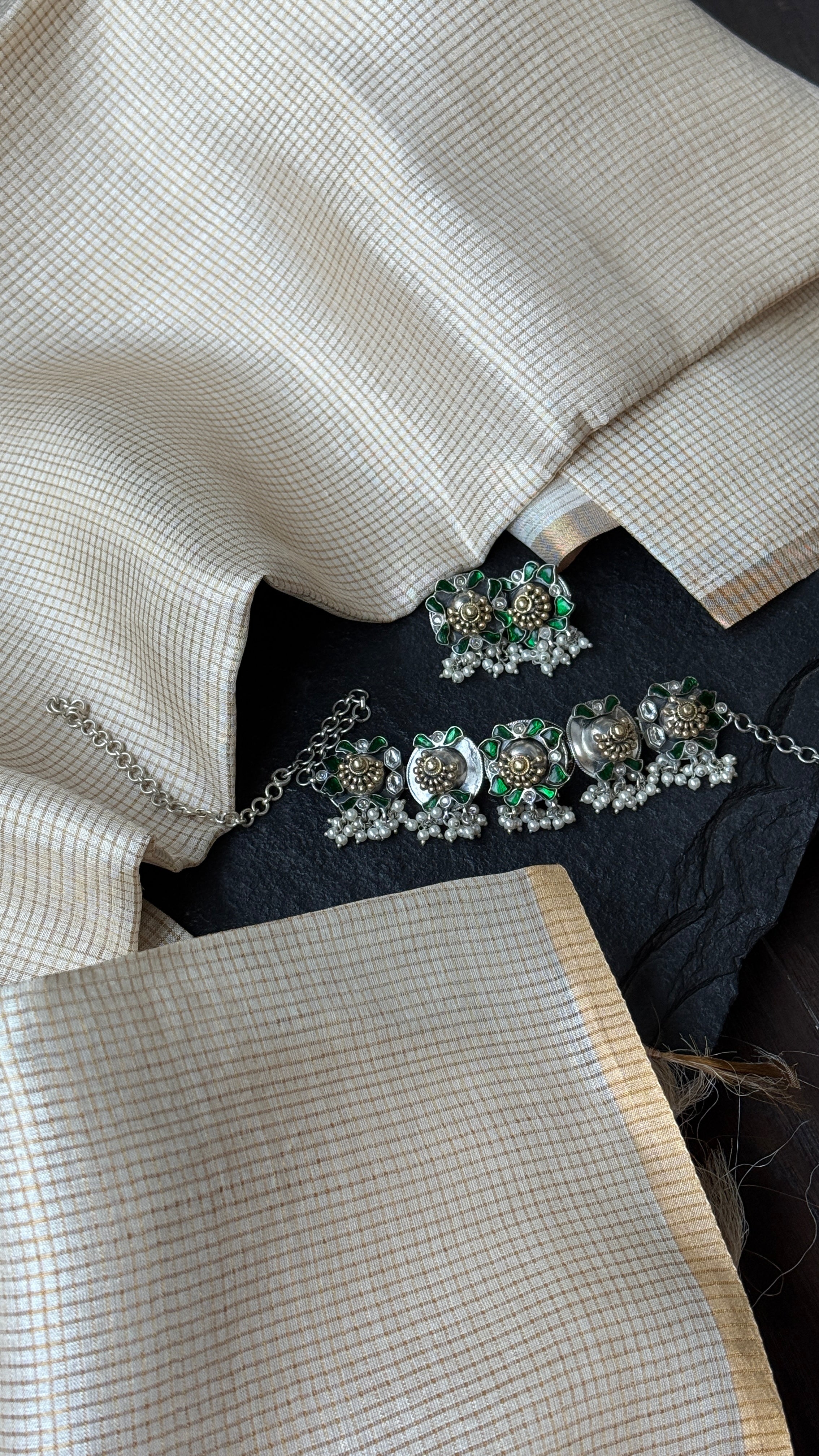 Pure Tussar Silk - Beige Golden Zari Checks