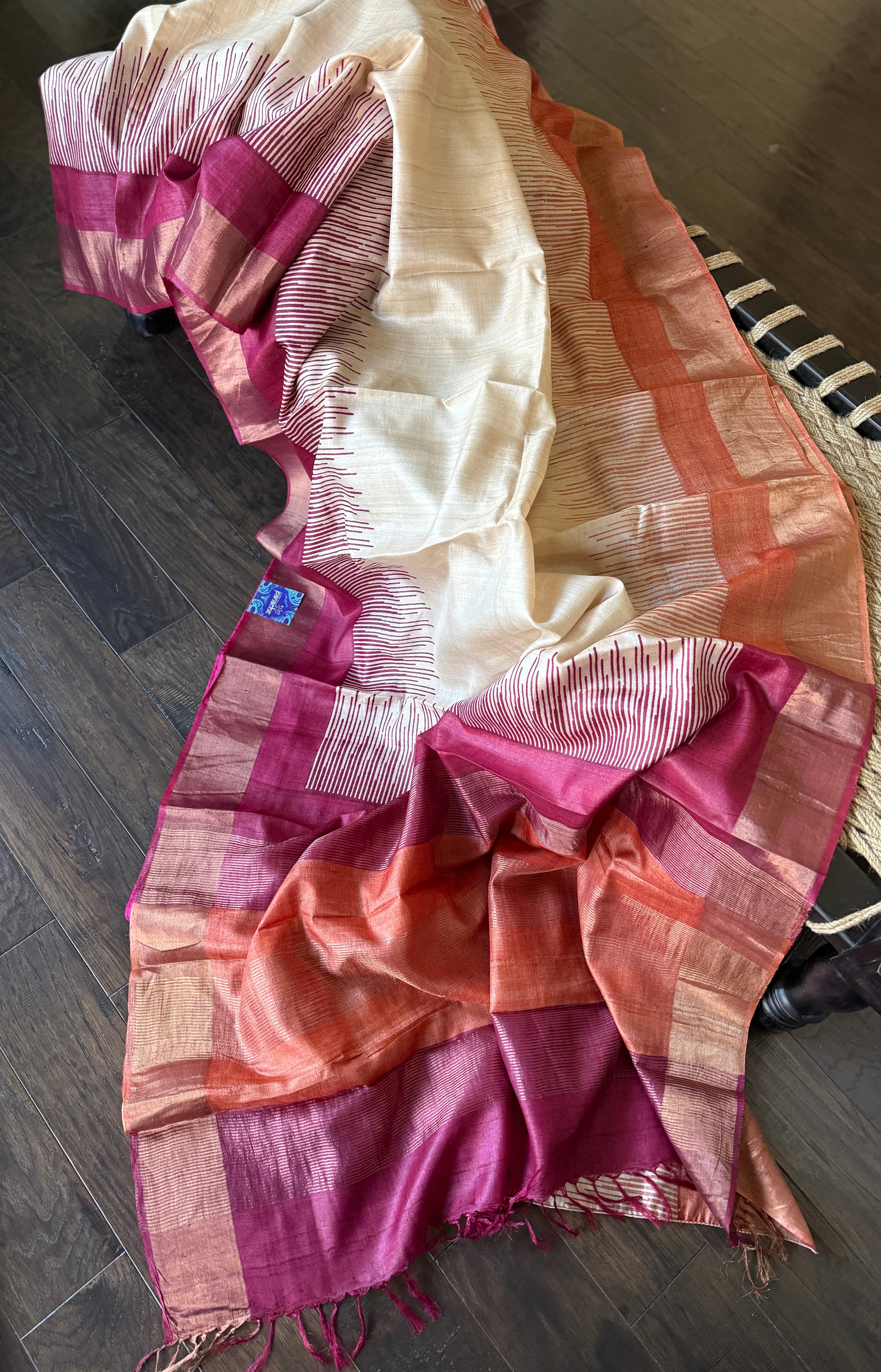 Pure Tussar Silk Hand Block Printed - Beige Rust Wine