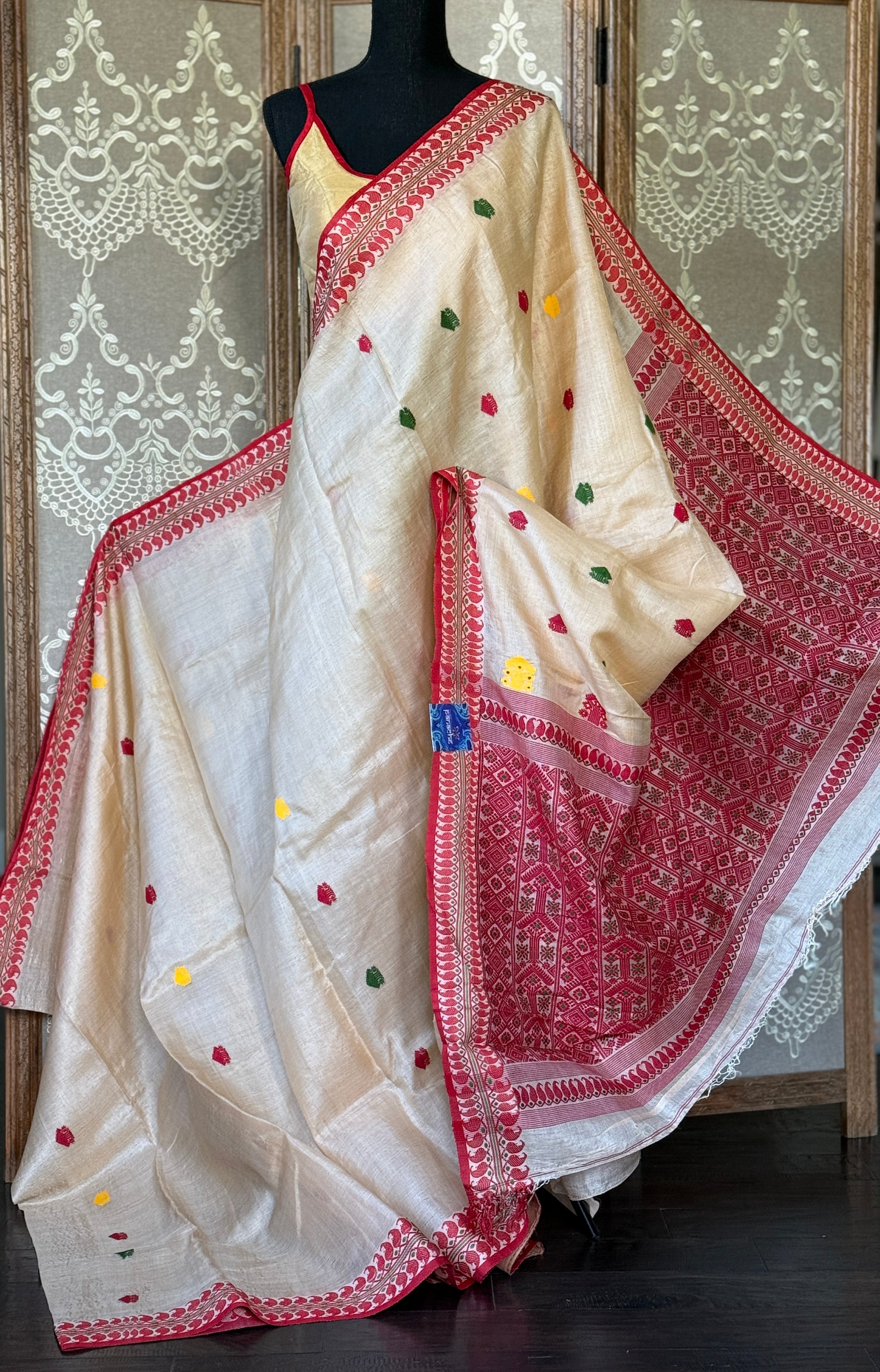 Pure Gachi Tussar Silk - Beige Red